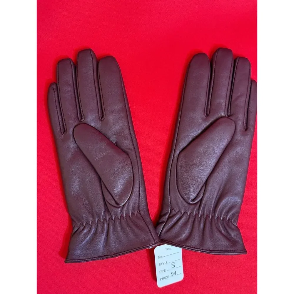 $94 Small 7”  Genuine Leather Burgundy Touch Screen Driving Warm Gloves Women
